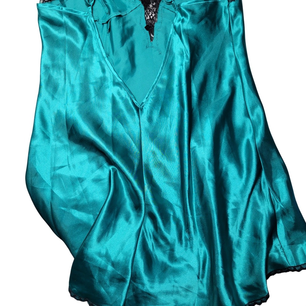 Fredericks of Hollywood Teal Satin Lace Trim Chemise Nightgown 6445 NEW Large - Picture 8 of 12